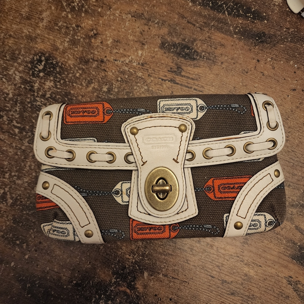 Coach Brown and White Clutch with Gold Accents